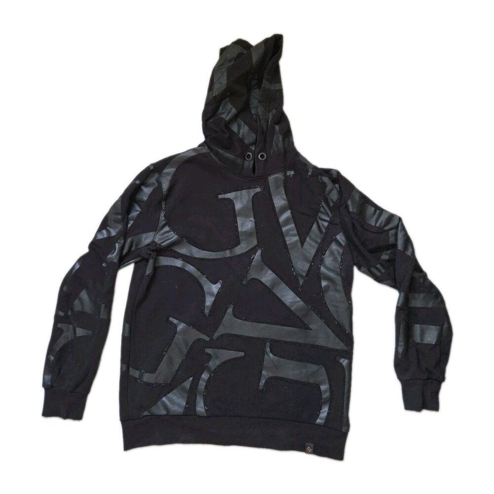 Avenue George V Paris Hoodie Black Graphic Rhinestone Pullover Sweatshirt L GUC